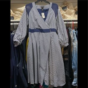 Navy blue & white striped wrap dress.